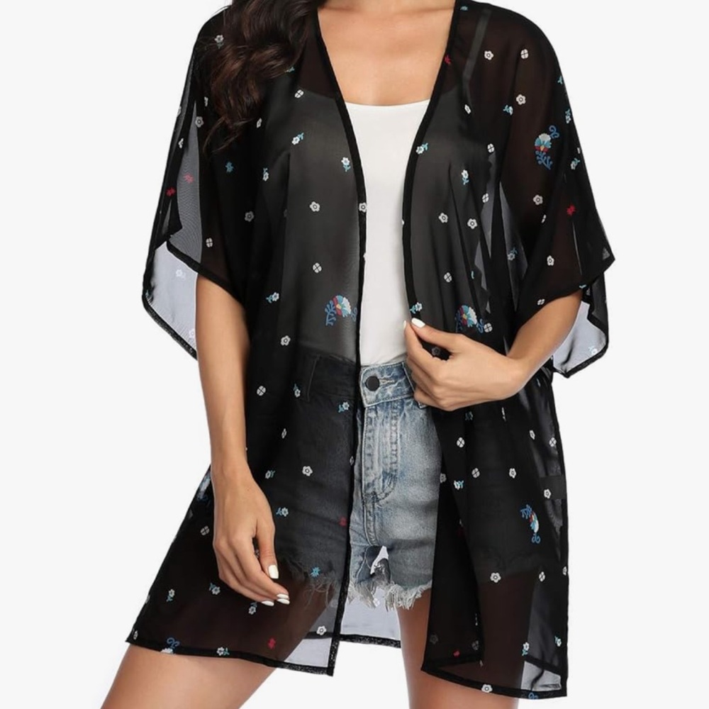 Black Minimalist Flower Print Sheer Kimono Cover-Up NWOT XL